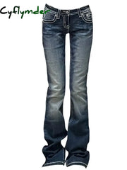 Cyflymder Women Gyaru Japanese Harajuku Trashy Y2K Jeans Low Rise Flare Denim Pants 2000s Bell-Bottom Long Trousers