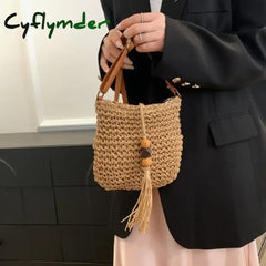 Cyflymder Women Handmade Straw Woven Small Bucket Bag Fashion Crossbody Shoulder Ladies Simple