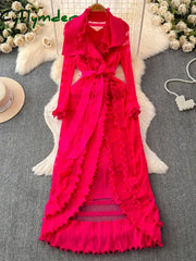 Cyflymder Women Hollow Out Lotus Leaf Edge Evening Party Long Pleated Dress Vestidos Y2k Fashion Tide Spring Autumn