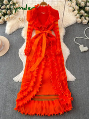 Cyflymder Women Hollow Out Lotus Leaf Edge Evening Party Long Pleated Dress Vestidos Y2k Fashion Tide Spring Autumn