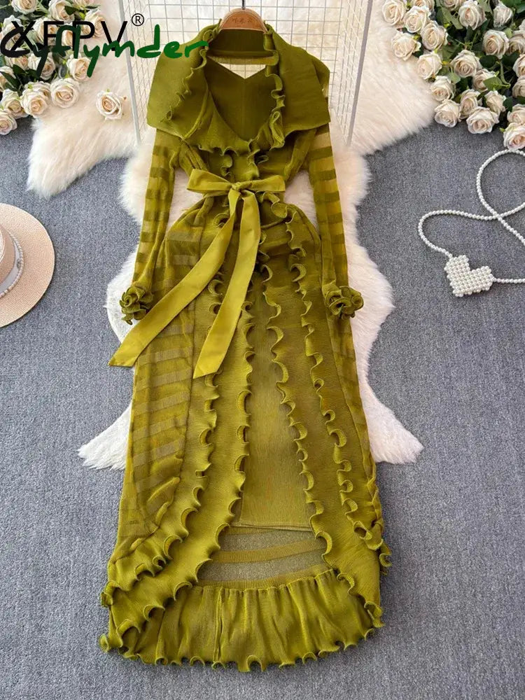 Cyflymder Women Hollow Out Lotus Leaf Edge Evening Party Long Pleated Dress Vestidos Y2k Fashion Tide Spring Autumn