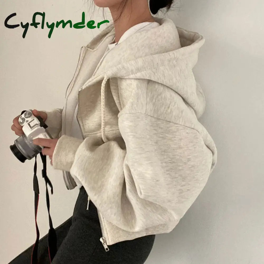 Cyflymder Women Hoodies Autumn Retro Solid Color Zip Up Oversized Sweatshirts Harajuku Korean
