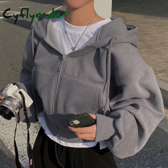 Cyflymder Women Hoodies Autumn Retro Solid Color Zip Up Oversized Sweatshirts Harajuku Korean