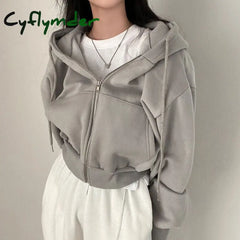Cyflymder Women Hoodies Autumn Retro Solid Color Zip Up Oversized Sweatshirts Harajuku Korean