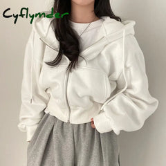 Cyflymder Women Hoodies Autumn Retro Solid Color Zip Up Oversized Sweatshirts Harajuku Korean