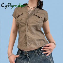 Cyflymder Women Khaki Safari Shirts With Pocket Casual Short Sleeve Work Tshirt Vintage Street