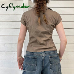 Cyflymder Women Khaki Safari Shirts With Pocket Casual Short Sleeve Work Tshirt Vintage Street