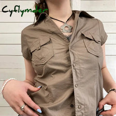 Cyflymder Women Khaki Safari Shirts With Pocket Casual Short Sleeve Work Tshirt Vintage Street