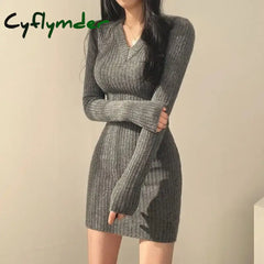 Cyflymder Women Knit Slim Sexy Bodycon Dress V-Neck Long Sleeve Solid Casual Midi Sweater For