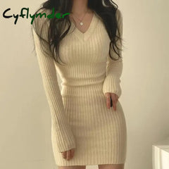 Cyflymder Women Knit Slim Sexy Bodycon Dress V-Neck Long Sleeve Solid Casual Midi Sweater For