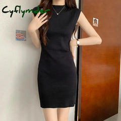 Cyflymder Women Knitted Sexy Bodycon Dress Solid Sleeveless O-Neck Party Dresses Off Shoulder