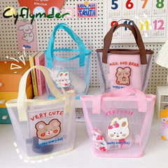 Cyflymder Women Korean Bear Rabbit Mesh Handbag Totes Girls Summer Travel Beach Bag Shopping Bags
