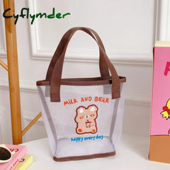 Cyflymder Women Korean Bear Rabbit Mesh Handbag Totes Girls Summer Travel Beach Bag Shopping Bags