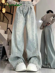 Cyflymder Women Korean Pleated Jeans Girls High Waist Washed Wide Leg Pants Lady Fashion Loose Retro Blue Light Blue