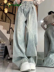 Cyflymder Women Korean Pleated Jeans Girls High Waist Washed Wide Leg Pants Lady Fashion Loose Retro Blue Light Blue