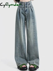 Cyflymder Women Korean Pleated Jeans Girls High Waist Washed Wide Leg Pants Lady Fashion Loose Retro Blue Light Blue
