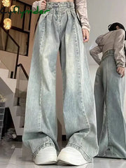 Cyflymder Women Korean Pleated Jeans Girls High Waist Washed Wide Leg Pants Lady Fashion Loose Retro Blue Light Blue