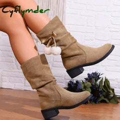 Cyflymder Women Large Size 43 Suede Snow Ankle Boots Winter New Warm Mid-Calf Boots Fashion Comfort Mid Heels Shoes