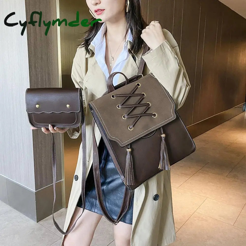 Cyflymder Women Leather Backpack Female Set Fashion Rucksack Brand Designer Vintage Shoulder Bag