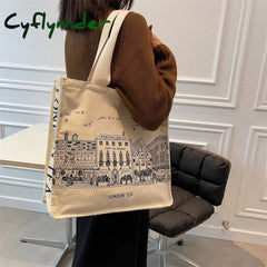 Cyflymder Women Literature And Art Shoulder Canvas Bag Fashion Printing Student Simple Korean