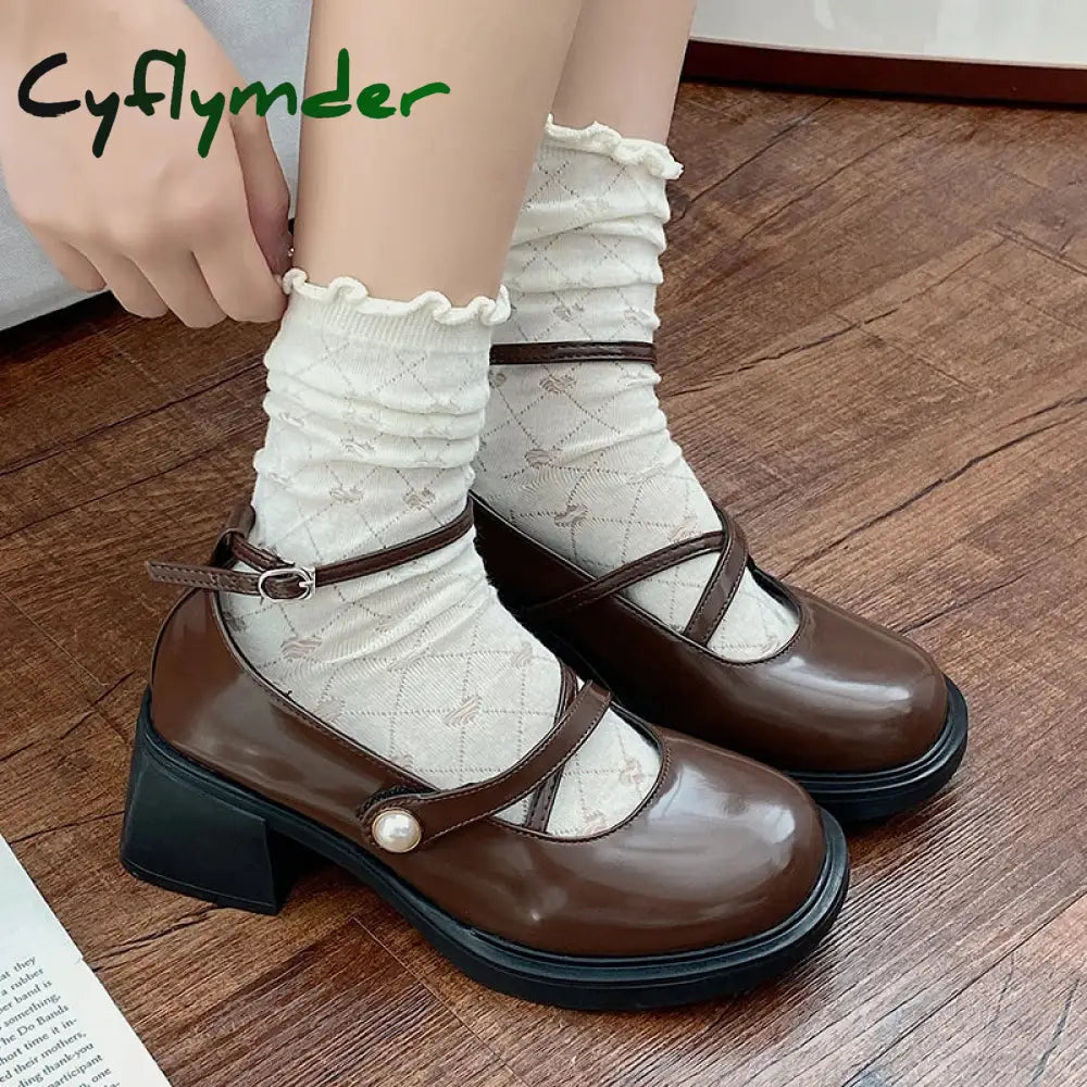 Women Loafers Retro Brown Mary Jane Shoes Women Thick Heels Ankle Buckle Lolita Shoes Woman Uniform Pu Leather Pumps Shoe Female