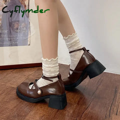 Cyflymder Women Loafers Retro Brown Mary Jane Shoes Thick Heels Ankle Buckle Lolita Woman Uniform