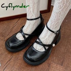 Cyflymder Women Loafers Retro Brown Mary Jane Shoes Thick Heels Ankle Buckle Lolita Woman Uniform