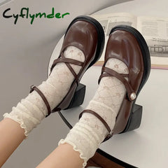 Cyflymder Women Loafers Retro Brown Mary Jane Shoes Thick Heels Ankle Buckle Lolita Woman Uniform