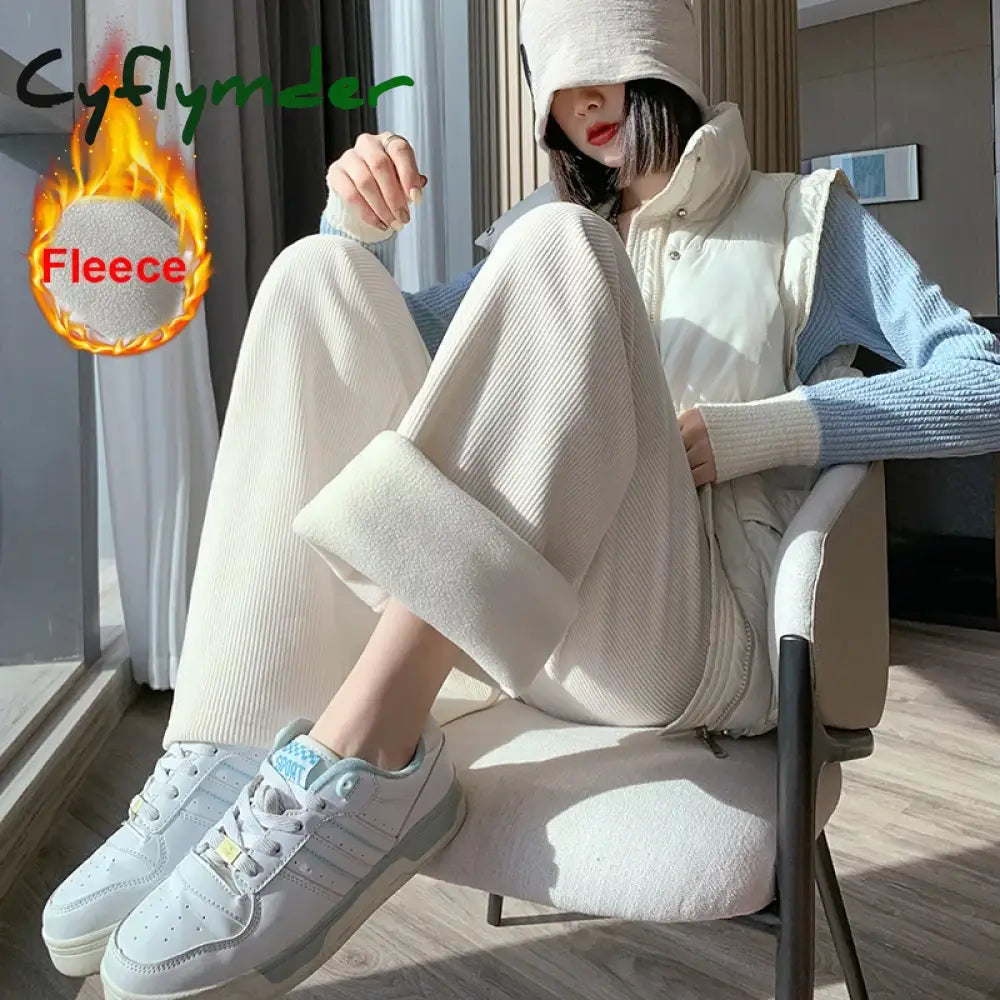 Cyflymder Women Long Pants Autumn Winter Elastic Waist Stright Wide Leg Pants Casual Female Trousers