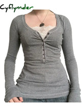 Cyflymder Women Long Sleeve Basic Shirt Vintage Fashion Fairy Grunge Shirts Button Lace Patchwork Tees Harajuku