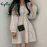 Cyflymder Women Long Sleeve Dresses Solid Color Square Collar A-line Sweet Vintage Design High Waist Mini Length Soft