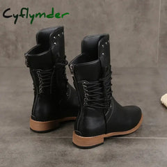 Cyflymder Women Mid-Calf Boot Fashion Rivet Knight Boots British Style Autumn Winter Female Shoes Cross Lace Morden