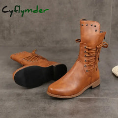 Cyflymder Women Mid-Calf Boot Fashion Rivet Knight Boots British Style Autumn Winter Female Shoes Cross Lace Morden