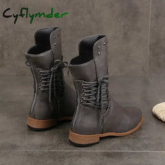Cyflymder Women Mid-Calf Boot Fashion Rivet Knight Boots British Style Autumn Winter Female Shoes Cross Lace Morden