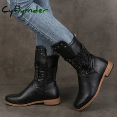 Cyflymder Women Mid-Calf Boot Fashion Rivet Knight Boots British Style Autumn Winter Female Shoes Cross Lace Morden