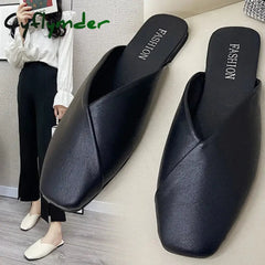 Cyflymder Women Mules Summer Elegant Square Closed Toe Flat Slippers Female Shoes Casual Leather Black White Slides