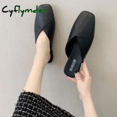 Cyflymder Women Mules Summer Elegant Square Closed Toe Flat Slippers Female Shoes Casual Leather Black White Slides