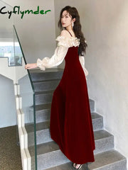 Cyflymder Women Off Shoulder Evening Dress Long Sleeve Banquet Gowns Ruffle Split Prom Dresses