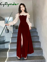 Cyflymder Women Off Shoulder Evening Dress Long Sleeve Banquet Gowns Ruffle Split Prom Dresses Red / S / CHINA