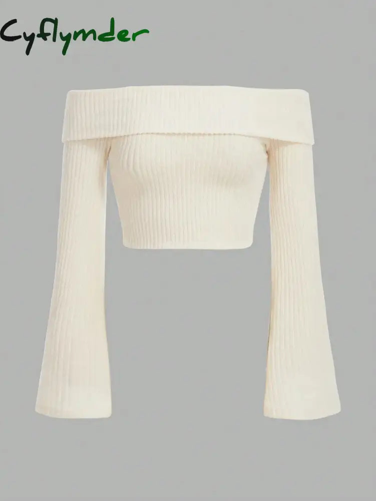 Cyflymder Women Off The Shoulder Flare Long Sleeve Crop Top Fall Spring Sexy Rib-knit Fleece Cropped Blouse Tee Shirts