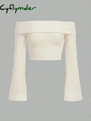 Cyflymder Women Off The Shoulder Flare Long Sleeve Crop Top Fall Spring Sexy Rib-knit Fleece Cropped Blouse Tee Shirts