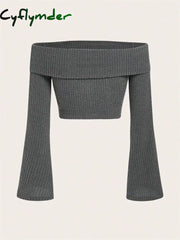 Cyflymder Women Off The Shoulder Flare Long Sleeve Crop Top Fall Spring Sexy Rib-knit Fleece Cropped Blouse Tee Shirts