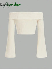 Cyflymder Women Off The Shoulder Flare Long Sleeve Crop Top Fall Spring Sexy Rib-knit Fleece Cropped Blouse Tee Shirts