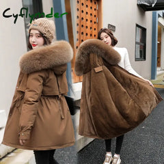Cyflymder Women Parka Fashion Long Coat Wool Liner Hooded Parkas New Winter Jacket Slim with Fur Collar Warm Snow Wear