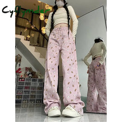Cyflymder Women Pink Jeans Vintage High Waist Chic American Fashion Y2K Streetwear Wide Leg Jean