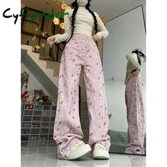 Cyflymder Women Pink Jeans Vintage High Waist Chic American Fashion Y2K Streetwear Wide Leg Jean