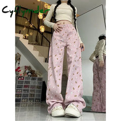 Cyflymder Women Pink Jeans Vintage High Waist Chic American Fashion Y2K Streetwear Wide Leg Jean