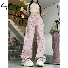 Women Pink Jeans Vintage High Waist Chic American Fashion Y2K Streetwear Wide Leg Jean Female Trouser Printing Baggy Denim Pants