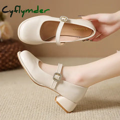 Cyflymder Women Pumps New Mary Jane Shoes for Women Big Size Belt Buckle Small Leather Shoes for Women Thick Heels High
