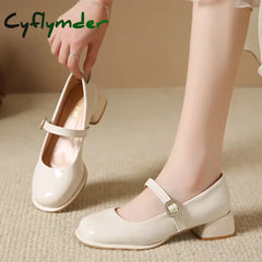 Cyflymder Women Pumps New Mary Jane Shoes for Women Big Size Belt Buckle Small Leather Shoes for Women Thick Heels High